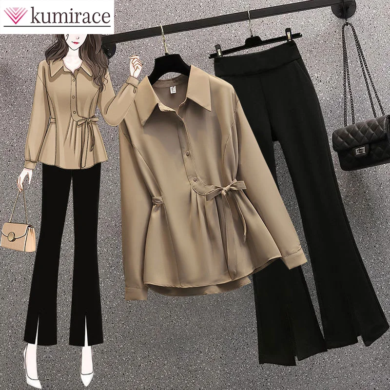 

Weichubby Sister 2023 Korean Edition Autumn/Winter Temperament Belt Top Split Slim Pants Two Piece Set for Women Pant Sets