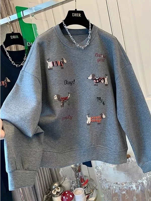 

plus Size Women's American Retro Dog Pattern round Neck Sweatshirt Design Sensation Trendy Fall Winter New Design