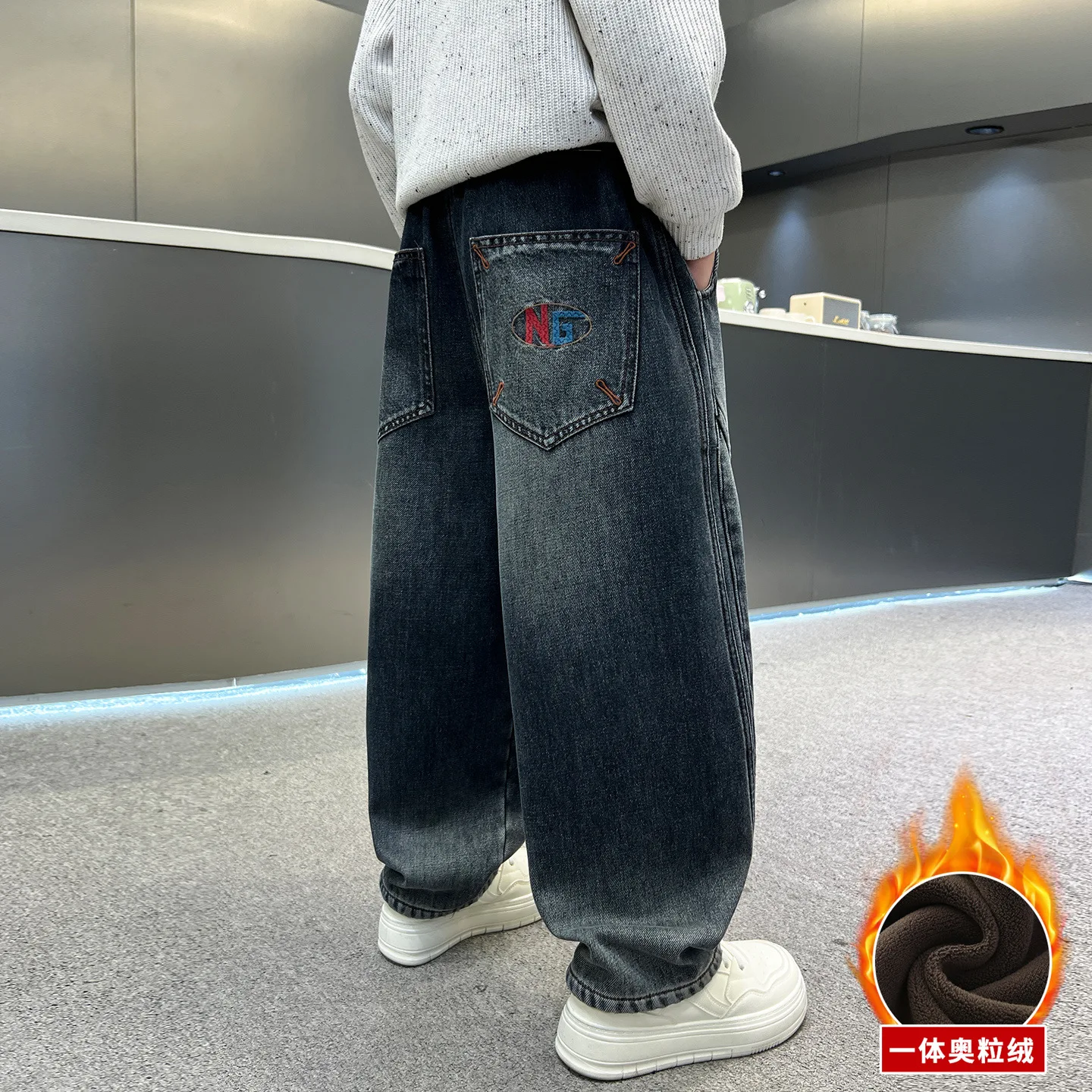 الأولاد الخريف الشتاء الجينز الأطفال صوف مبطن سميكة الدافئة مستقيم الساق السراويل إلكتروني طباعة المراهقين الاطفال الحرارية الدنيم السراويل