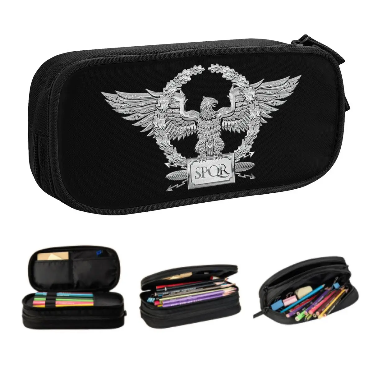 Customized Cute Silver SPQR Roman Imperial Eagle Pencil Cases for Boy Girl Large Capacity Pencil Bag School Accessories