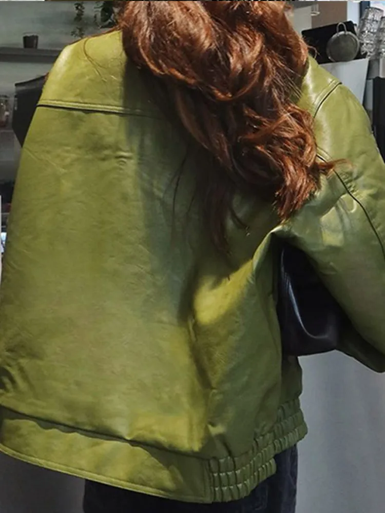 Chaqueta de cuero verde con cuello suelto, Europa y América, otoño, calle, moda, cremallera, calidad Superior, marca de lujo