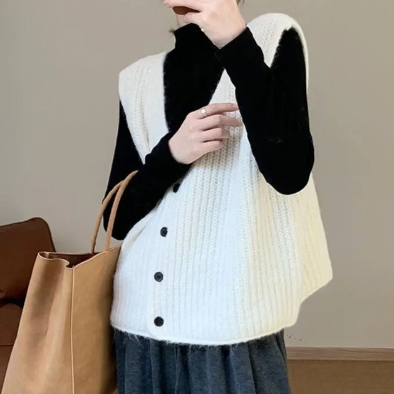Korean Style Sweater Vest for Women Minimalist Single Breasted All-match Ins College V-neck Autumn Winter Chic Girls