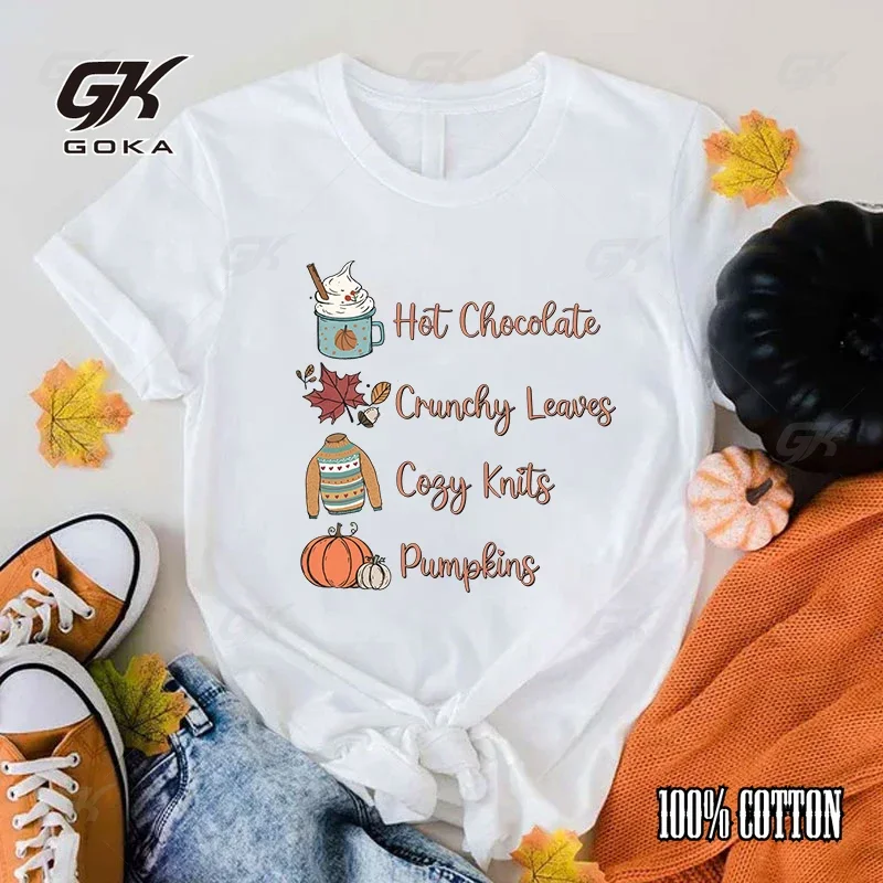 Fashion Fall Hot Chocolate Crunchy Leaves Cozy Knits Pumpkins Print T-Shirt Casual Short Sleeve Graphic Tee top