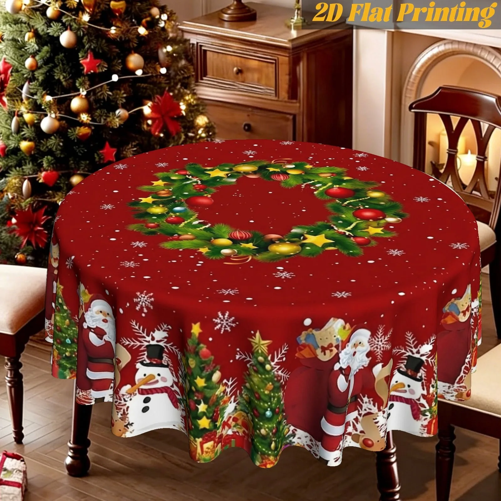 Red round Christmas tablecloth, wreath Santa snowman Christmas tree pattern table cover,