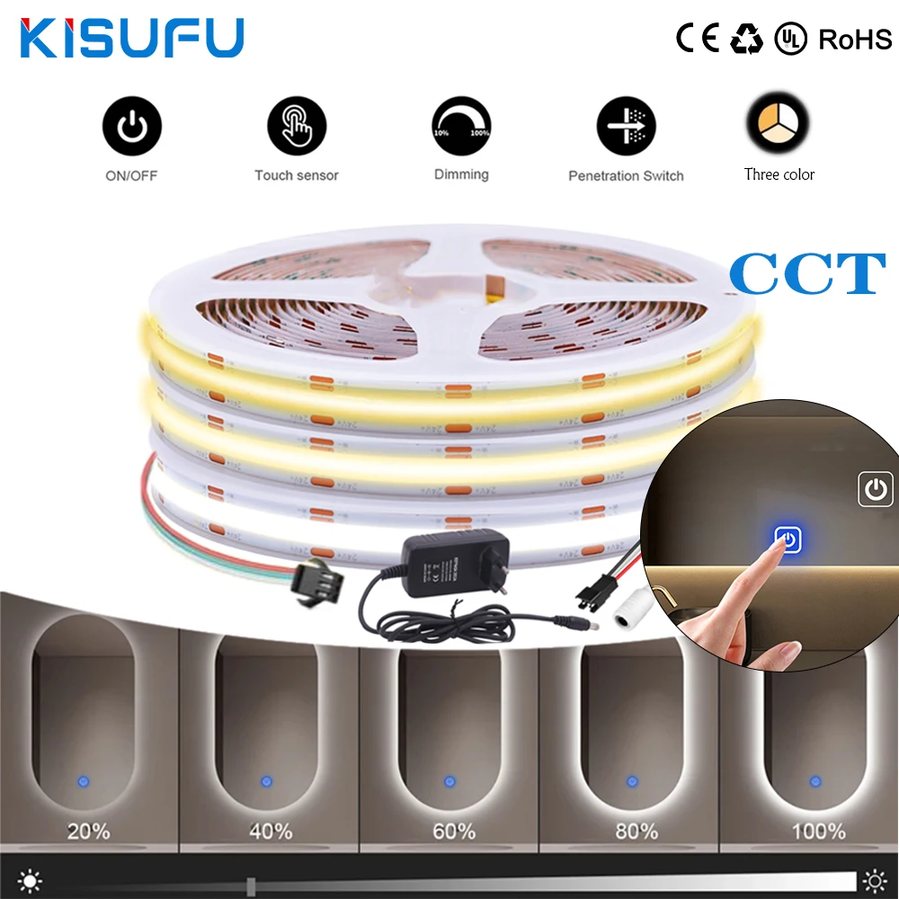 

1-5m CCT COB Led Strip Light Touch Control Dimmable 12V/24V 608LEDs/m 2700K to 6500K Flexible COB LED Tape For Mirror DIY Decor