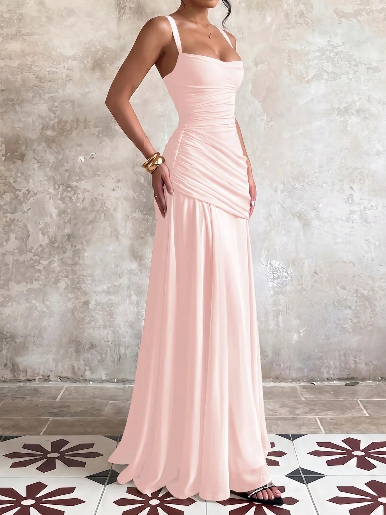 Elegant Sexy Asymmetrical Ruched Summer Spaghetti Strap Long Bodycon Dress Dress Pink Night Out Evening Cocktail Party Dress - view 5