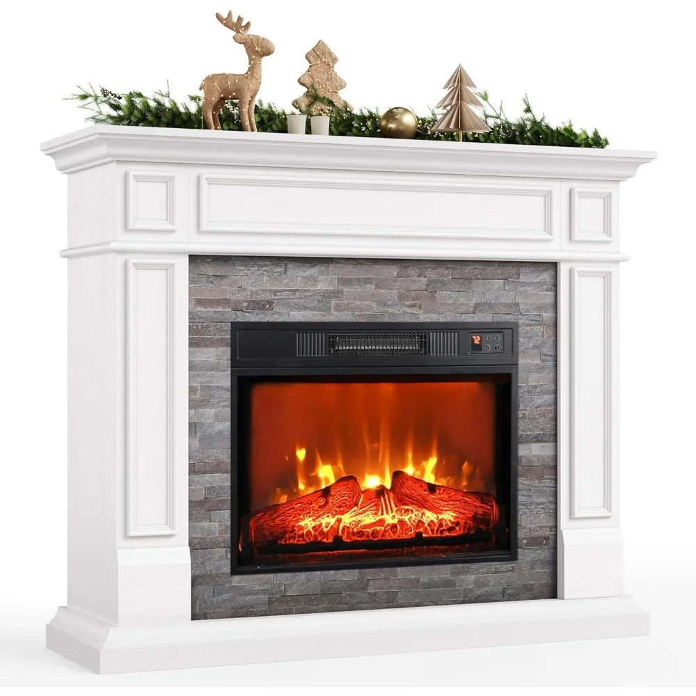 Electric Fireplace with Mantel, Tall Fireplace Heater Freestanding, Realistic Stacked Stone Surround