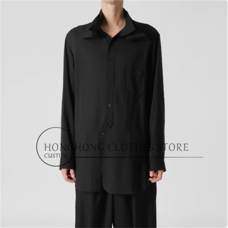 

Original design black triple collar design loose custom-sized men's shirt