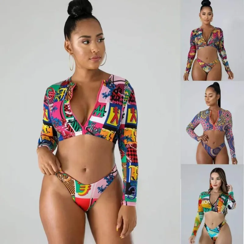 Bikini long sleeve zipper print split high waist sexy tight gathered with breast pad swimsuit female conservative beach wear