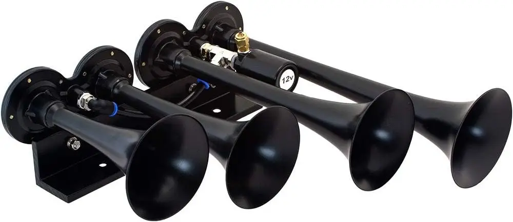 Train Horn Kit for Trucks/Car/Semi. Complete Onboard System- 200psi Air Compressor, 3 Gallon Tank, 4 Trumpets. Super