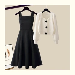 Vestido largo de punto para mujer, conjunto de 2 piezas, cárdigan corto, suéter, Túnica con tirantes, traje elegante, Coreano