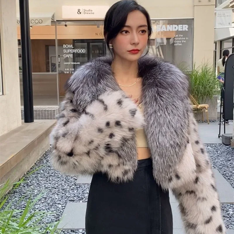 Winter Warm Open Stitch Plush Thick Overcoat Women Big Faux Fox Fur Neck White Dot Leopard Cardigan Ladies Thick Short Coat