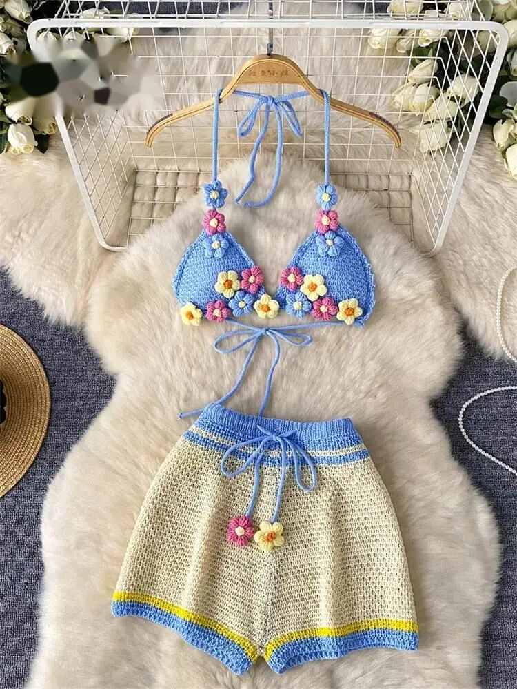 

Сексуальные пляжные костюмы с 3D цветочным принтом, женский вязаный бюстгальтер с лямкой на шее + эластичная талия, широкие шорты, комплекты из двух предметов для летних каникул
