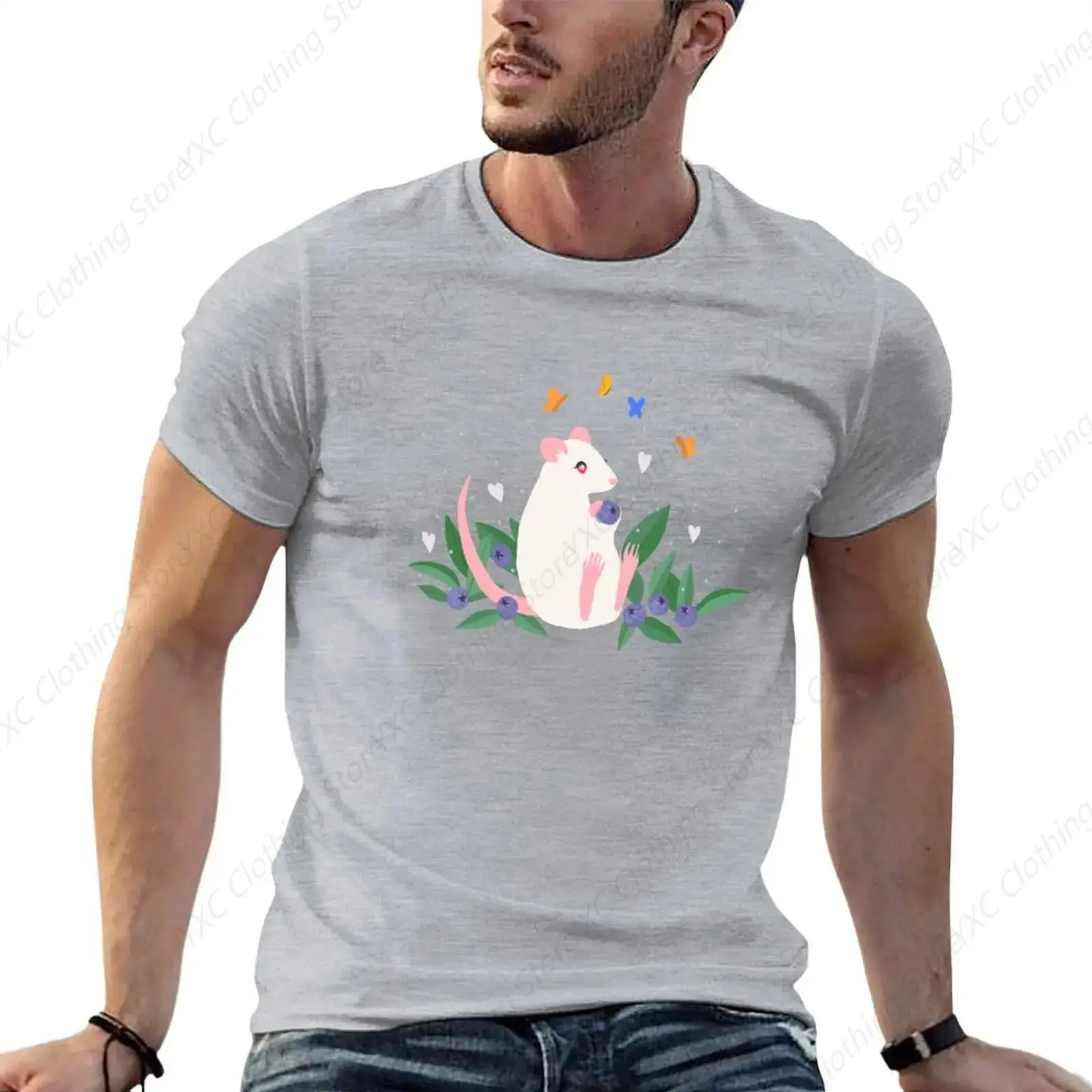 Albino Rat with Raindrops men's T-shirt- Short Sleeve Crew Neck Soft Fitted Tees S - 6XL Fresh Classic Basic Tshirts