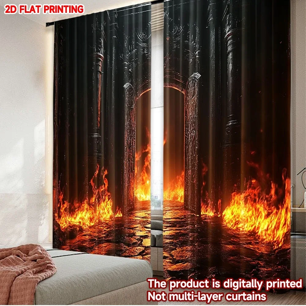 2pcs Realistic Flame Curtains Digital Printing, Dramatic Fire & Road Scene on Black Background for Modern Living Room Wall Decor