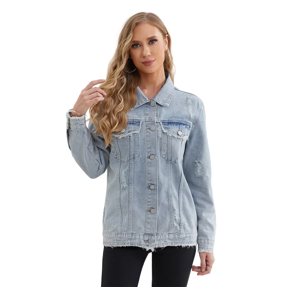 Ladies Denim Jacket Loose Large Size Medium and Long Rough Edge Fashion Denim Top for Women