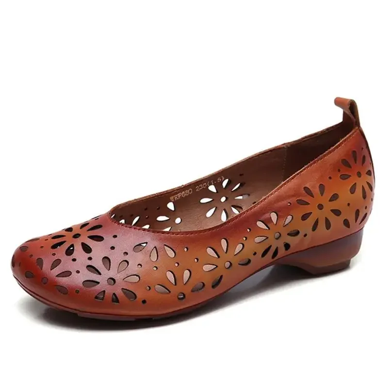 Women Moccassin 2.5cm Ethnic Natural Genuine Leather Summer Round Toe Comfy Soft Soled Flats Loafers Hollow Novelty Shoes