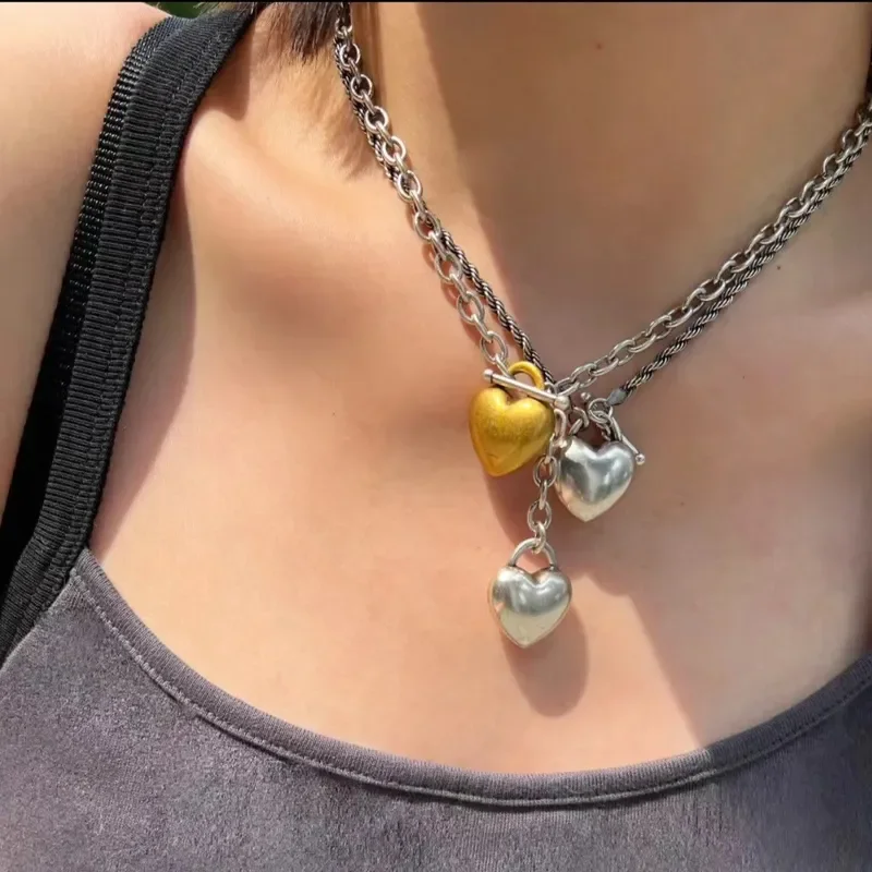 Gold and silver color matching love long sweater chain autumn and winter light luxury high-end necklace OT buckle retro and