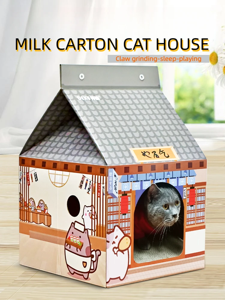 Cat Box Cardboard Cat House with Reversible Cat Scratcher Cat Scratching Pad Large Cat Villa Scratching Mat