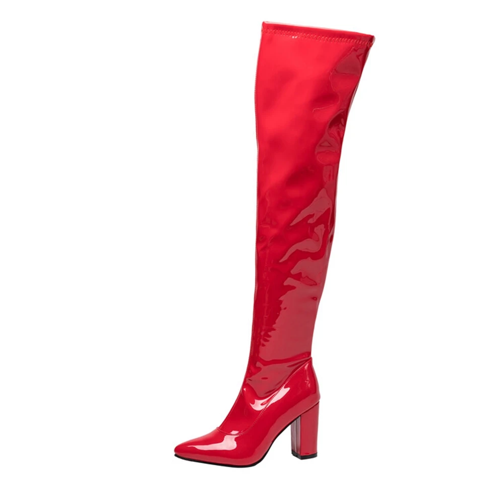 Sexy Fashion Women Thigh High Boots Platform Thick High Heels Patent Leather Zipper Long Over Knee Boots Big Size 46 1314-1