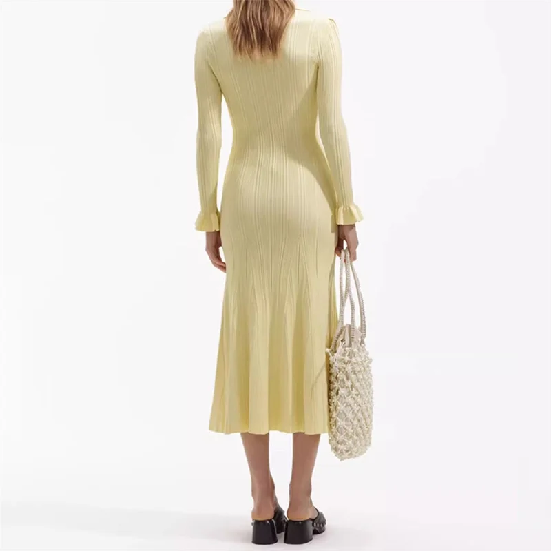 Elegant dresses for women 2024 Summer New in Elastic Knitted V-neck Long dresses Korean Fashion Slim Flare Sleeves Party dresses