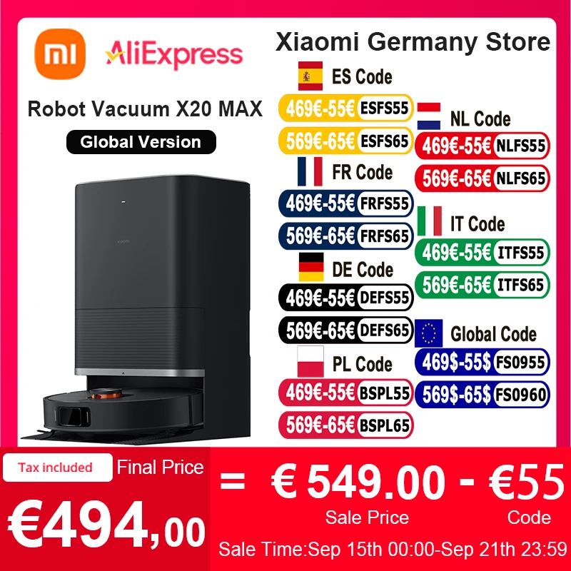 الإصدار العالمي من Xiaomi Robot Vacuum X20 Max للتحكم الصوتي، مجموعة الغبار الأوتوماتيكية، مسح المنزل بالكامل، تنظيف سائل الشعر