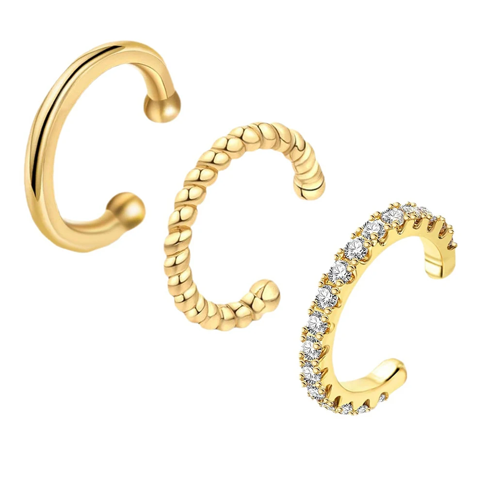 3Pcs/Set Fashion Gold Color Crystal Clip Earrings for Women Girls Minimalist Metal C-shaped Fake Piercing Ear Cuff Ear Jewelry - view 6