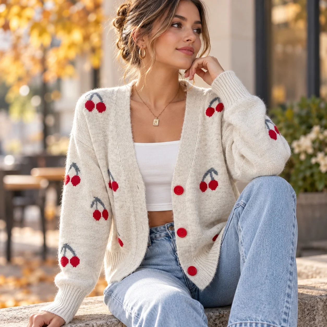 Loose Fit Button Front Coat Elegant with Thick V Neck Long Sleeve Regular Sleeve Commuter Chic Autumn Winter Cardigan for Women