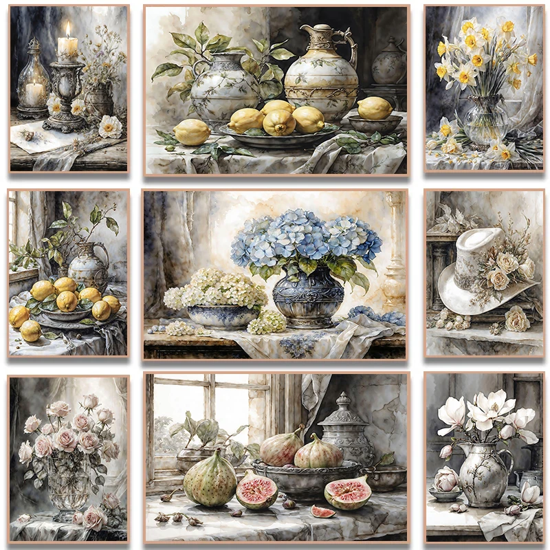 Flor de Magnolia, rama de arándano, flor, limón, olivo, póster, lienzo, pintura impresa, arte de pared, naturaleza muerta, cocina, decoración del hogar