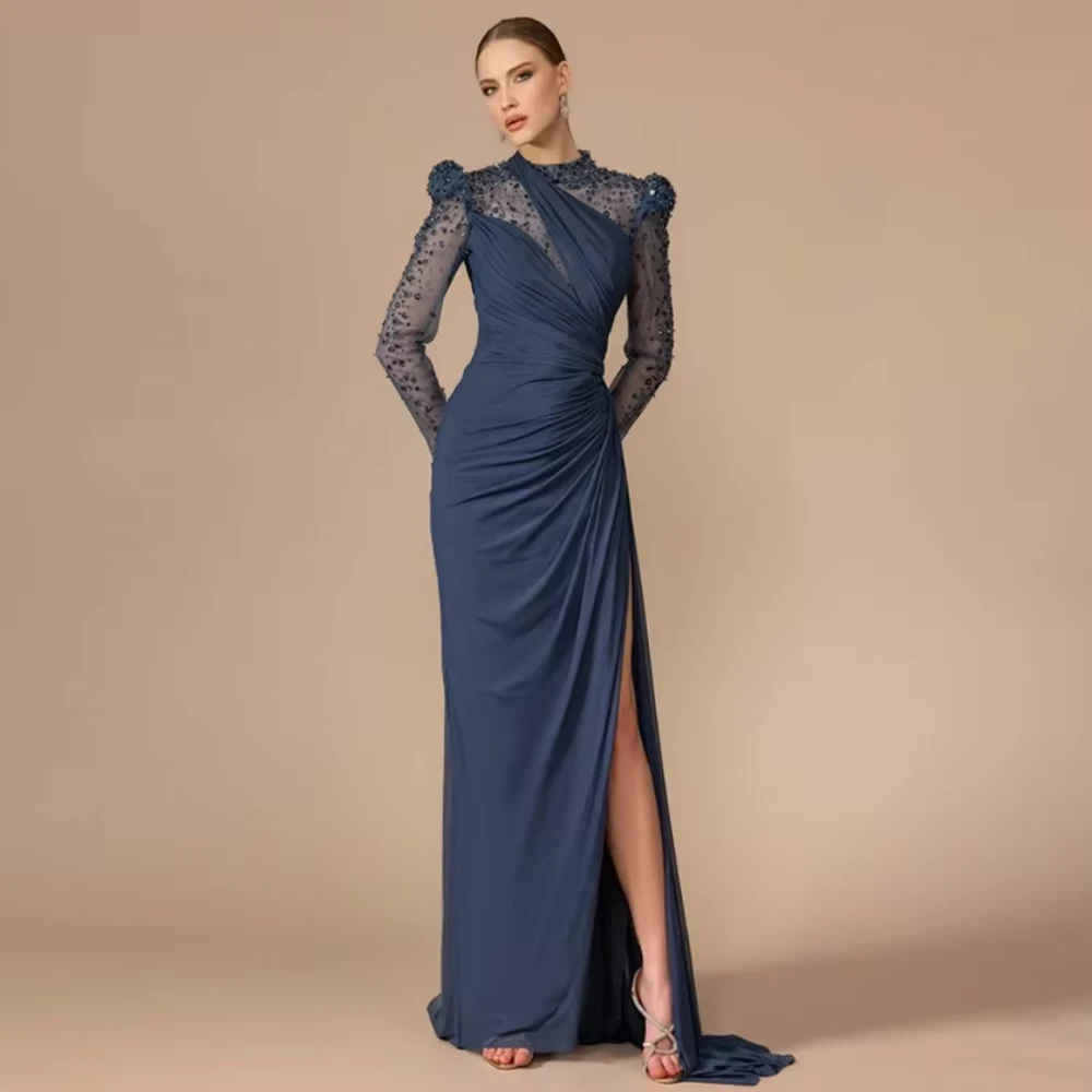 

Customized Split A Line Mother of the Wedding Dress Chiffon Formal Gown Beading For Women Sequined Wedding Party Dresses