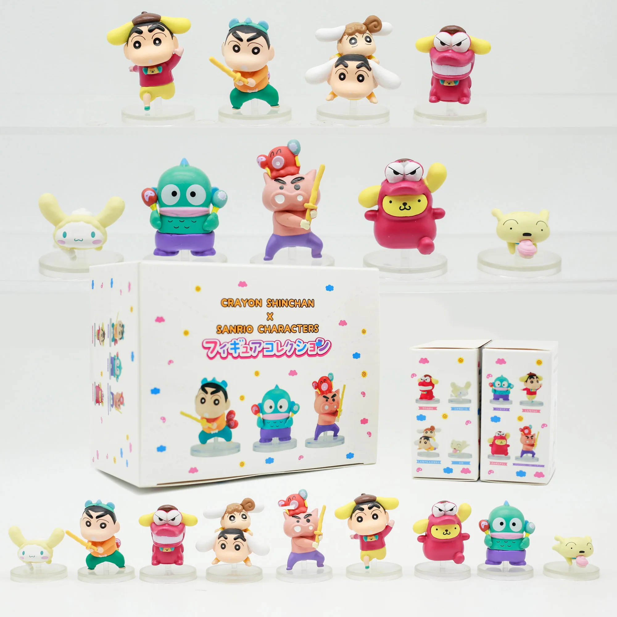 

Anime Figure Crayon Shinchan with Sanrio Characters Hangyodon Cinnamoroll Pompompurin Blind Box Toy Figure Desk Decor Kids Gifts