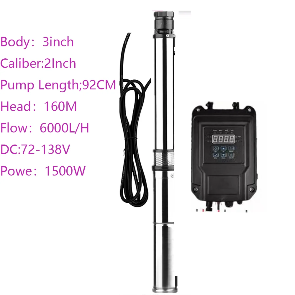 

1500W 2HP 72V Solar DC Drilling Deep Well Pump Max Head 160M Flow Rate 6000L Per Hour With Controller Solar PV Submersible Pump