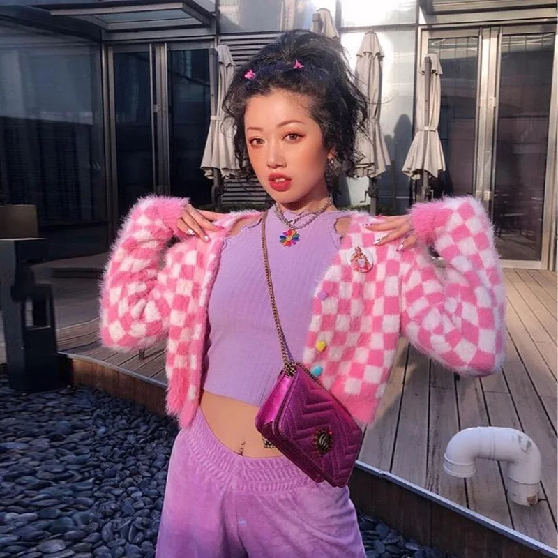 Soft Pink Fantasy Checkerboard Lolita Girls Sweater Coat Imitation Mink Plaids Knitted Cardigan Mohair Jacket Cardigan Crop Tops