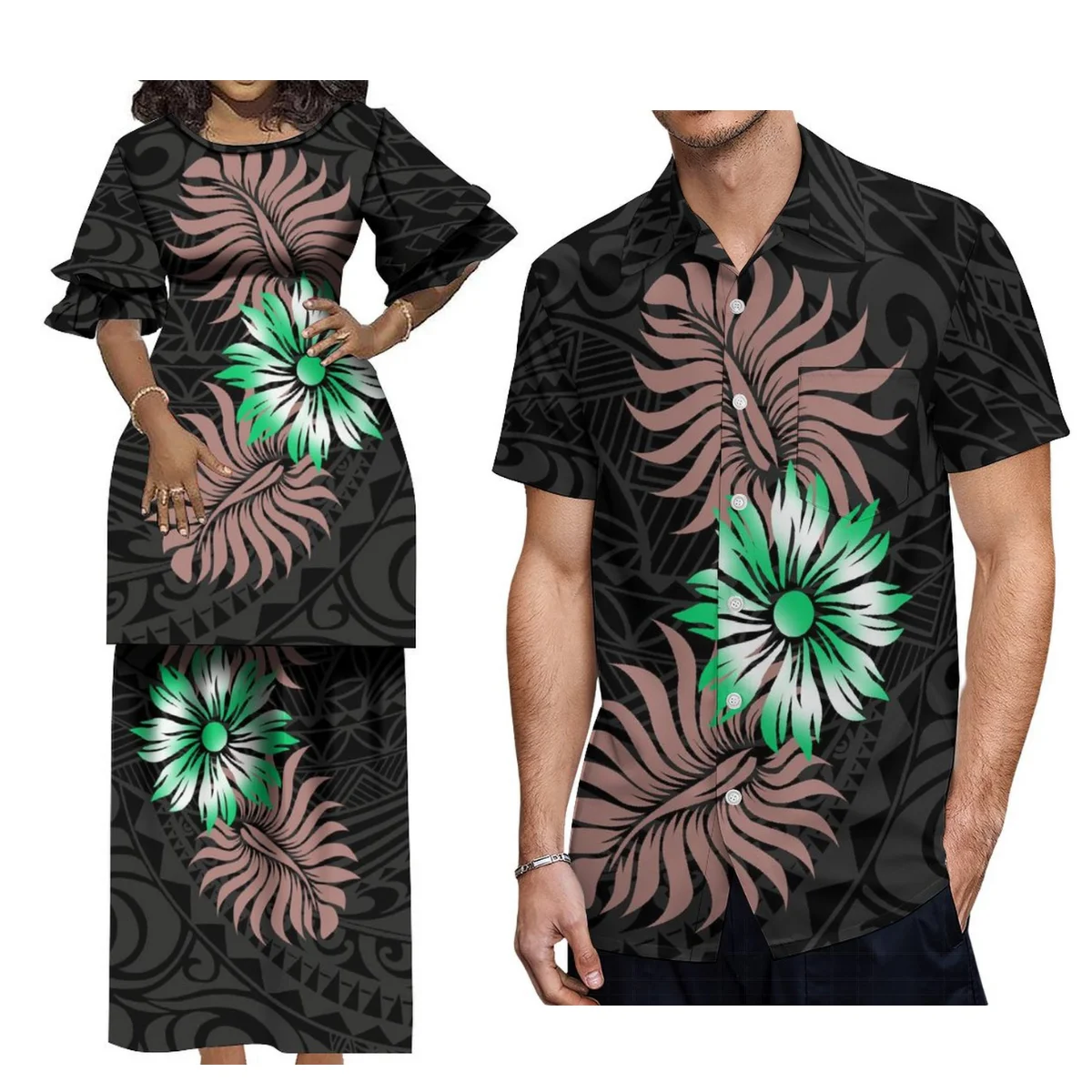 

Custom Summer Women'S Crewneck Dress Puletasi Suit And Men'S Shirt Polynesian Island Gala Grand National Dress