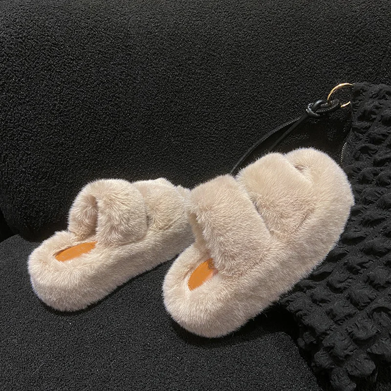 Furry Platform Slippers Women's Shoes Sandals Plush Slippers Women's Autumn and Winter Outer Wear Thick Bottom Home Cute Slipper