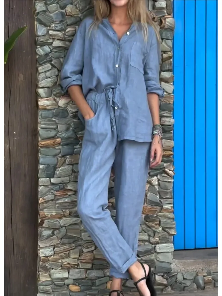 Casual Shirt Pants Sets For Women Solid Loose Lapel Single Breasted Shirts Straight Pant 2024 Summer Chic Two-piece Ladies Set