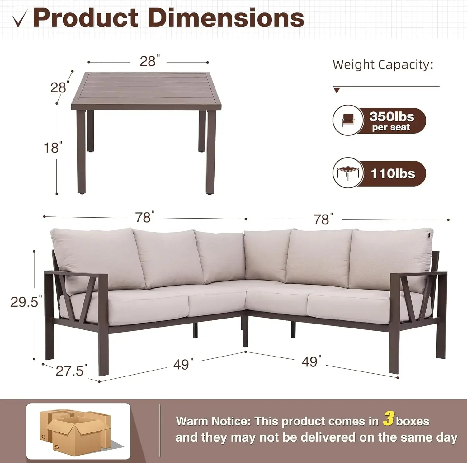 Patio Furniture Set, 6 Pieces Outdoor Couch Sectional, L Shaped Patio Sofa, Metal Patio Couch Sectional with Side Table