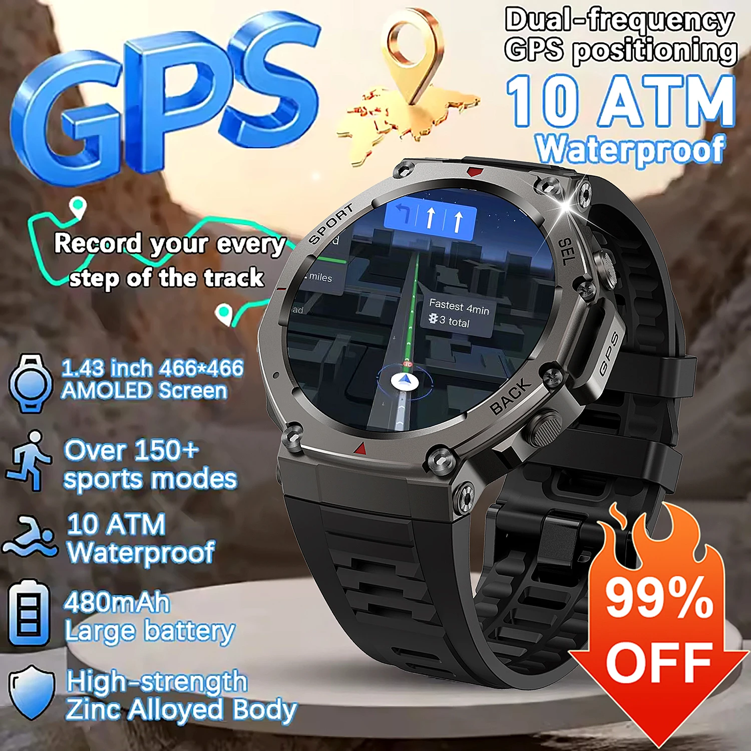 

Новые умные часы для мужчин, военные GPS, спортивные треки, 1,43-дюймовый AMOLED-экран, 10 банкомов, водонепроницаемый компас, мониторинг здоровья, уличные умные часы