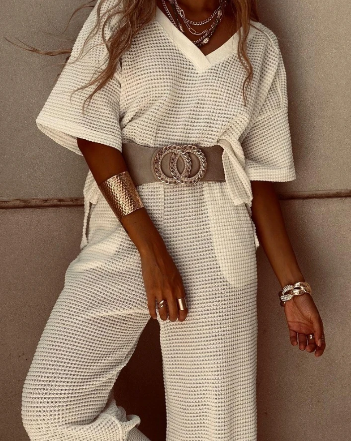 

Pants Set Women 2 Piece Fashion Half Sleeve Waffle Knit 2024 Summer V-Neck Plain Top Casual Daily Long Casual Elegant Pants Set
