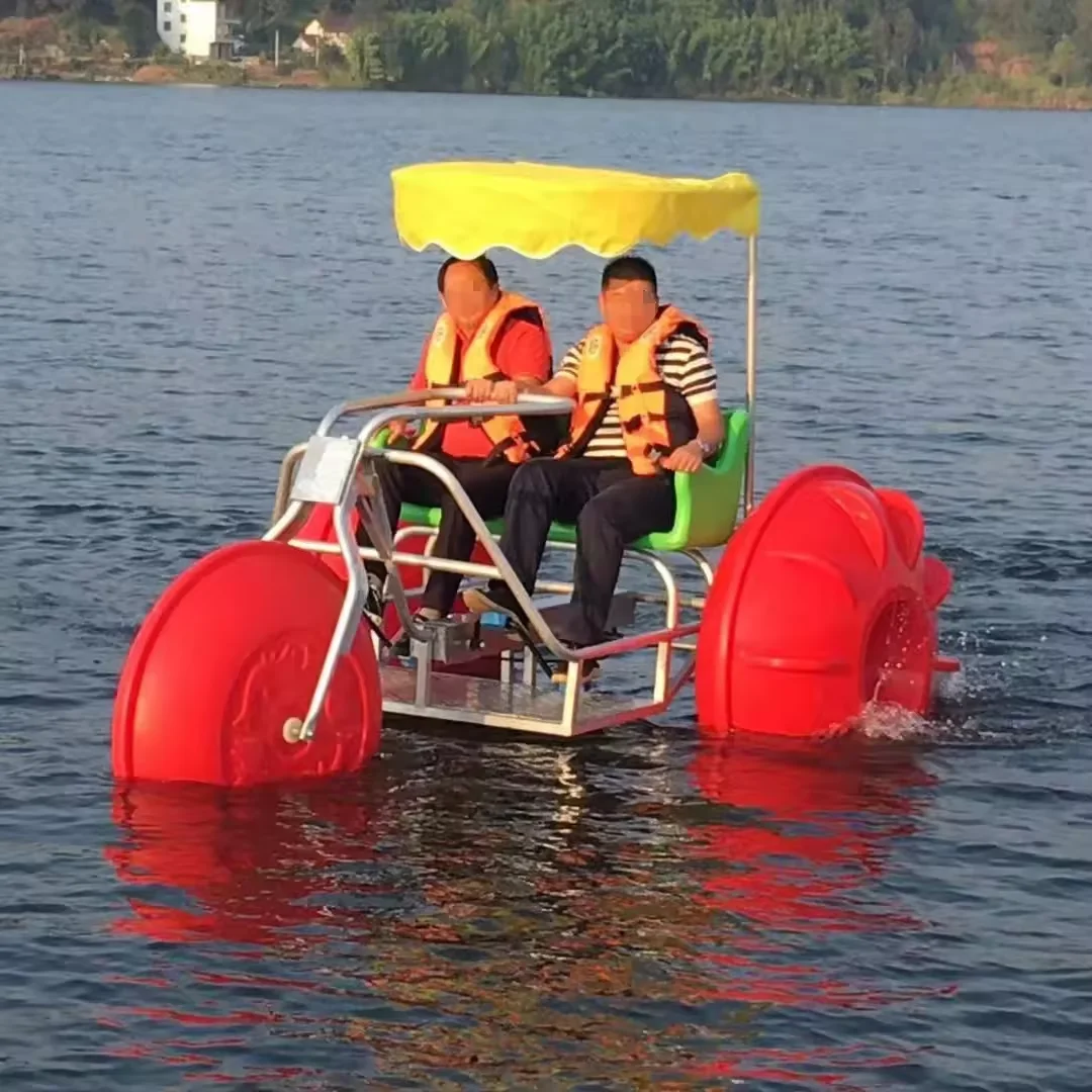 Outdoor Water Sports Play Equipment-3 Big Wheels Water Tricycle with Pedal Boat Sunshade Amusement Parks Sea Usage PE Material