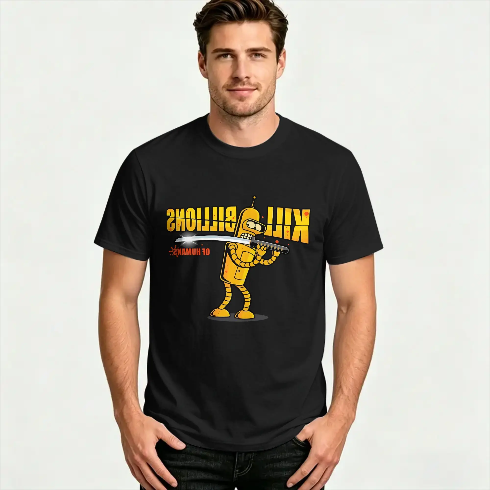 Fashion Futuramas Benders Meets Kills Bills T-Shirt Men 100%Cotton Short Sleeve  Round Neck Summer Tops Shirts