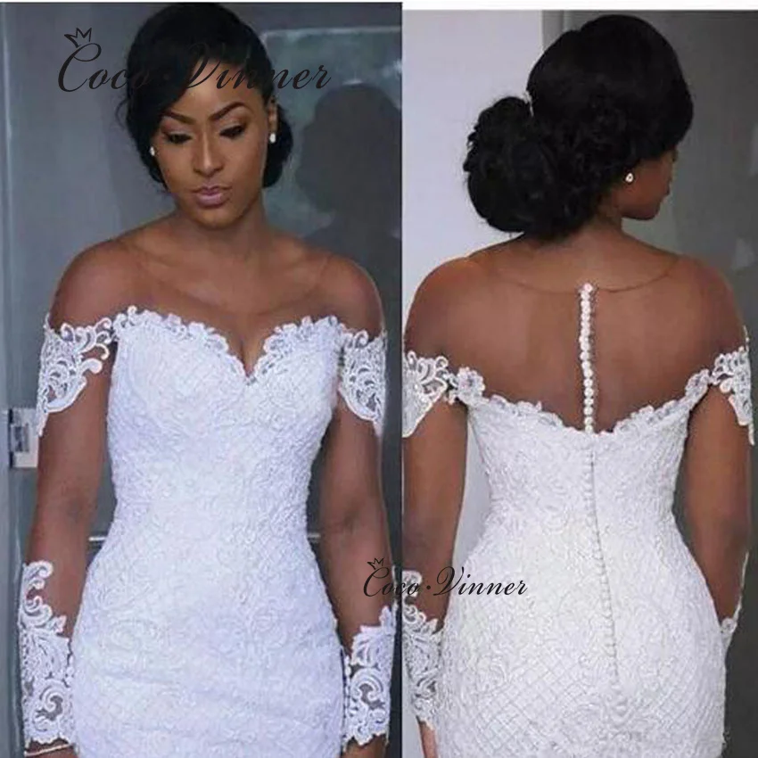 

Customized Africa Mermaid Wedding Dress 2025 Lace Appliques Beaded Button Back Plus Size Wedding Dresses For Bride W0363