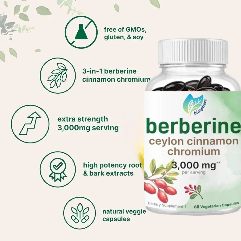 Berberine Hydrochloride 60 Capsules with Ceylon Cinnamon And Chromium Daily Immune Health Supplement Plant-Based Whole Food Supp