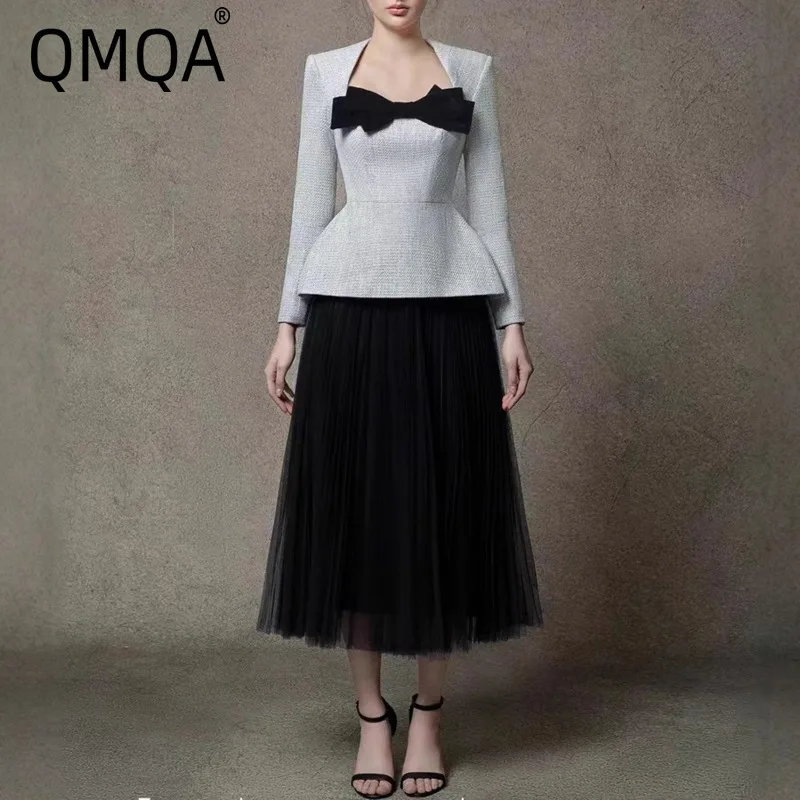 

QMQA Fashion Women's Elegant Two-Piece Set Square Collar Spliced Bow Long Sleeve Top High Waist Mesh Skirts Sets Autumn QM791