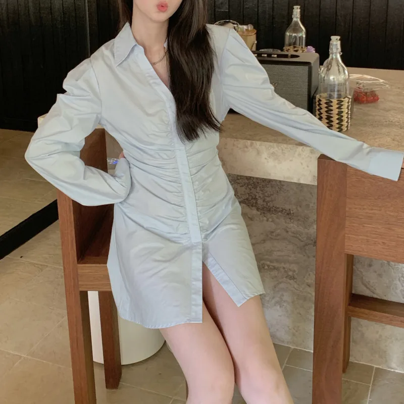 KWTX 여성 셔츠 드레스 벨트 허리 주름 라펠 우아하고 세련된 캐주얼 파티 봄 여름 2025 편안한 미니멀리스트 럭셔리