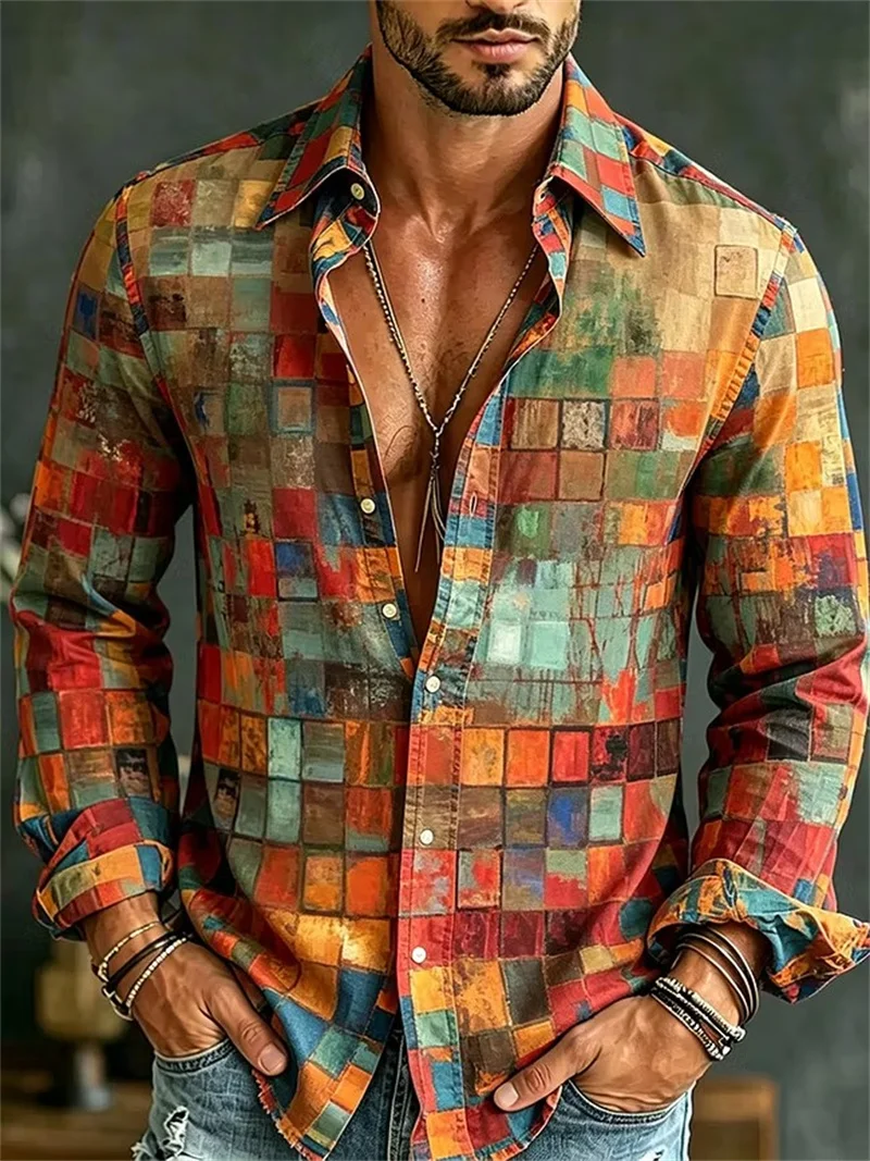 New khaki bottom Japanese crane red wave printed shirt, retro and Japanese style men's loose long sleeved shirt