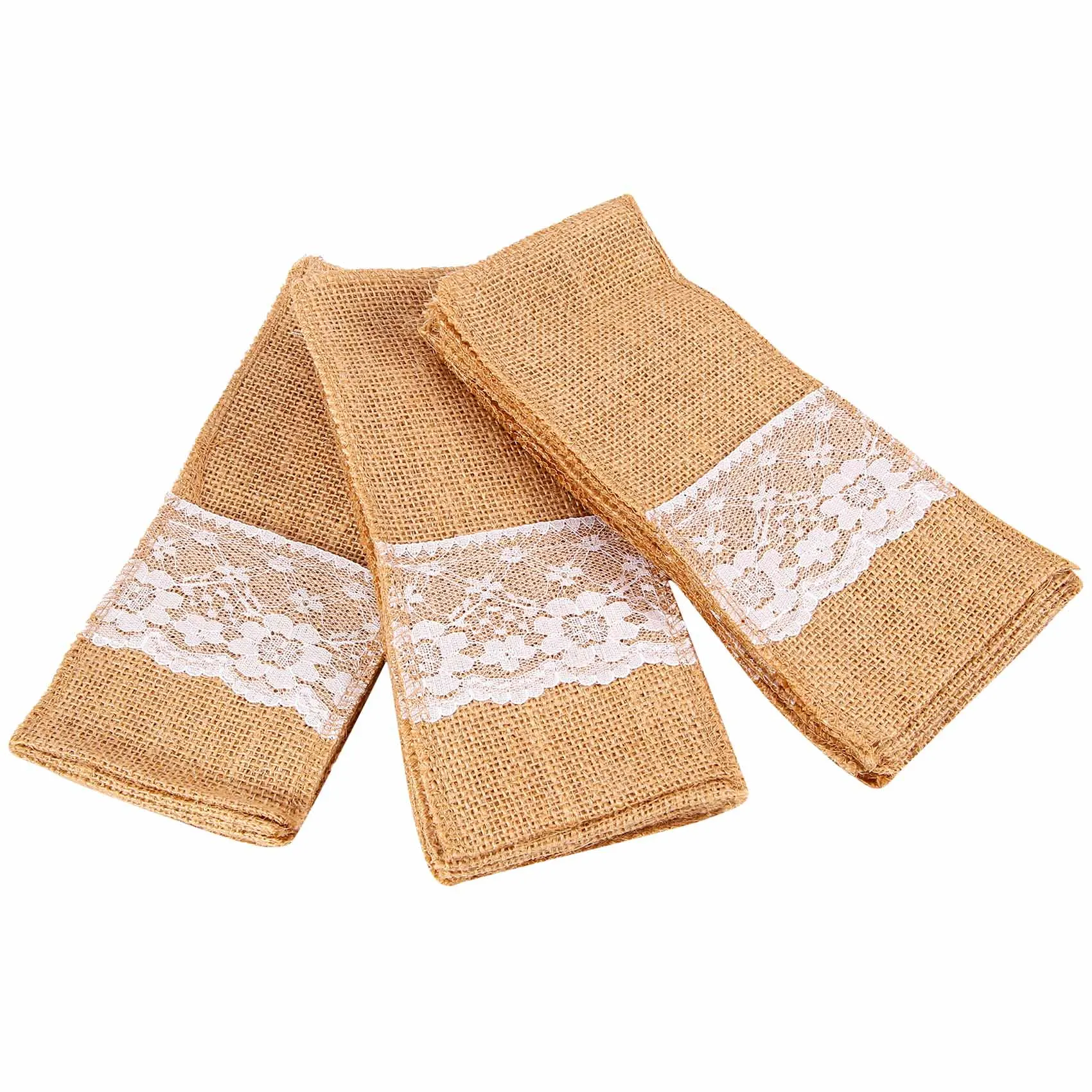 

A95D-50 Pcs Natural Jute Cutlery Knives And Forks Cutlery Set Silverware Bag Holder Burlap & Lace Party Wedding Decor, 21X11cm