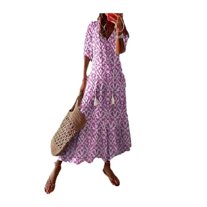 Doux décontracté v-ne imprimé gland 3/4 Sve a-ligne Dr été jupe longue Polyester lanterne Sve Midi Dr