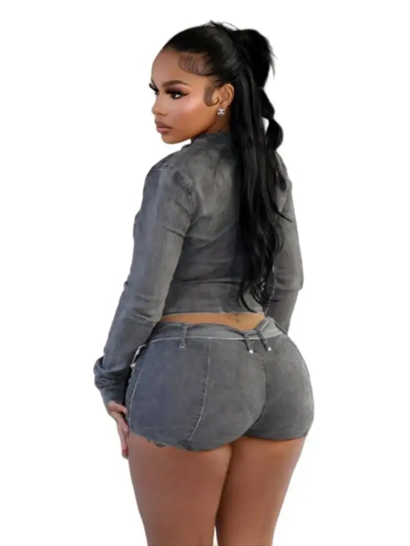 مثير الدنيم المرأة 2 قطعتين مجموعة بسط كم طويل زمم سليم السترات والسراويل الدعاوى Y2k حزام جان الزي مجموعات VX9Z