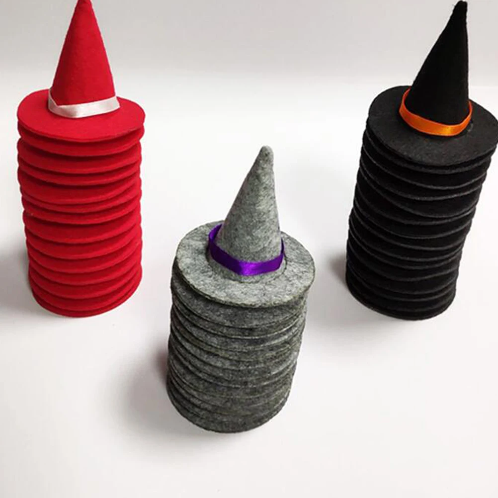 

3 Pcs Felt Witch Hats Soft Decorations Halloween Party Props Bottle Covers Red Color Mini Hat Shape Gifts Packaging